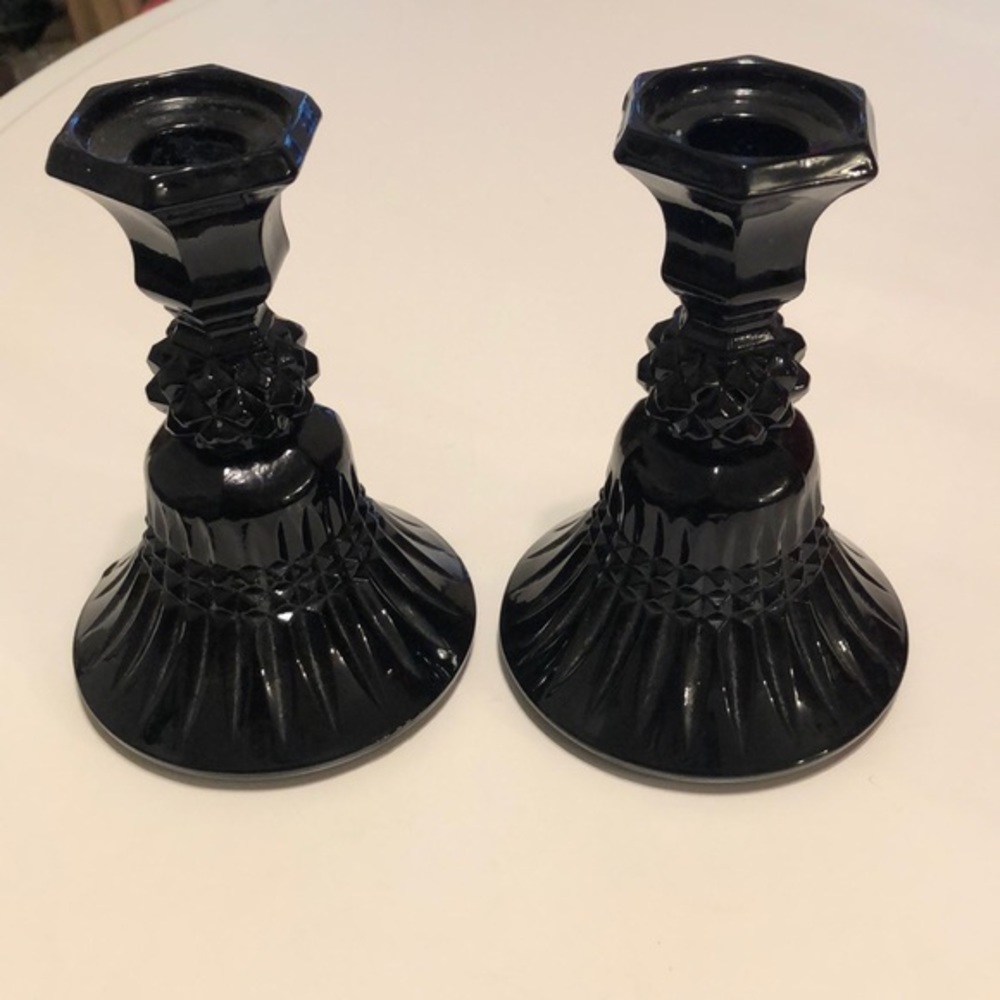 Vintage MCM Amethyst Glass Black Candlestick Holders